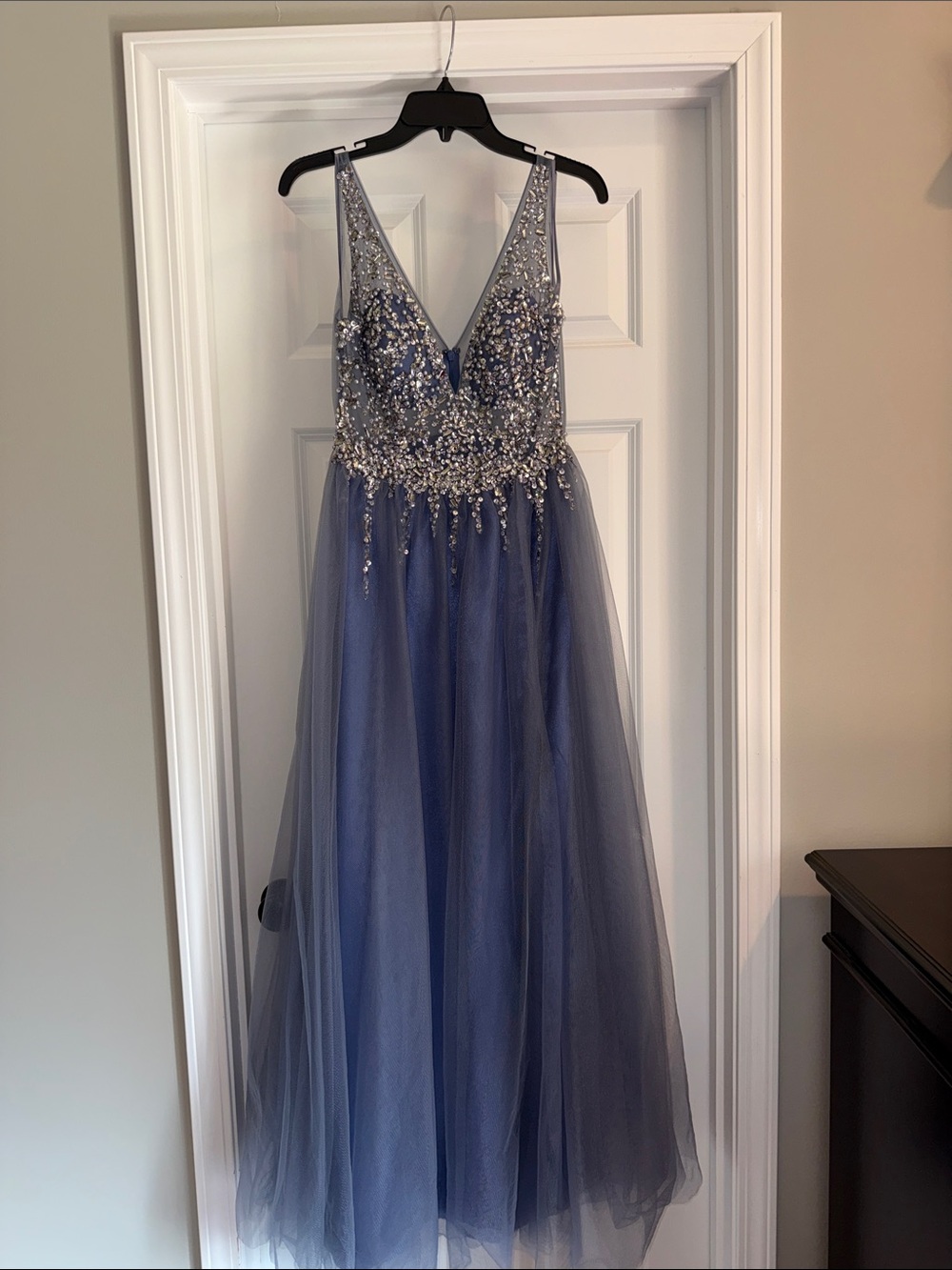 Embellished V-Neck Tulle Evening Gown - Periwinkle
